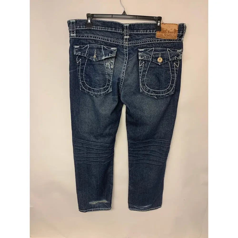 True Religion Jeans Dark Blue Wash Straight Leg Distressed Whiskering Mens SZ 42